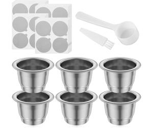 Lot de 6 Dosettes de Café Réutilisables pour Nes.presso Essen.za | Capsules Réutilisables Rechargeables en Acier Inoxydable avec 100 Couvercles Cuillère Brosse (6 Cups)