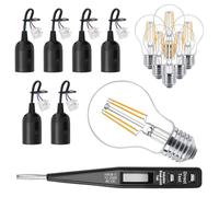 Lot de 6 douilles E27 pour rénovation, douille de chantier, douille E27 + testeur de tension VDE - 6 ampoules LED blanc chaud - douille de remplacement 250 V, douille de chantier avec câble