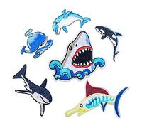 Lot de 6 écussons à broder en tissu à motif animal mignon - À repasser - Pour vêtements - Styles assortis - Requin - Dauphin - Bleu - Baleine