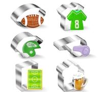Lot de 6 emporte-pièces en acier inoxydable avec motif de ballon de football, sifflet, casquette de rugby, champ, bière, fondant