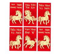 Lot de 6 enveloppes festives rouges avec motif zodiaque vietnamien, art et anti-traces de doigts, surface mate année des chevaux, motif vietnamien