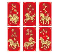 Lot de 6 enveloppes pour argent rouge 2026, pour le Nouvel An, pour un excellent matériau en papier, symbole imprimé cheval, cadeau pour adulte, famille, ami, anniversaire, pendaison de crémaillère