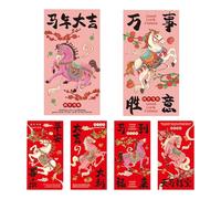 Lot de 6 enveloppes rouges 2026 motif cheval - Jolies décorations du Nouvel An chinois, enveloppes d'argent pour festival du printemps, paquets lunaires, cadeau traditionnel pour, réussite