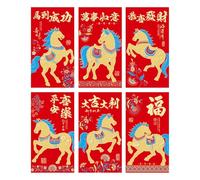 Lot de 6 enveloppes rouges de l'année du cheval pour cadeaux festifs | Papier rouge de qualité supérieure avec impression feuille d'or, pochettes de bénédiction portables pour célébrations du Nouvel