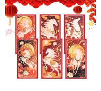 Lot de 6 enveloppes rouges du cheval pour le Nouvel An | Lot de 6 pièces de fournitures pour fêtes festives - Emballages d'argent pour le Nouvel An chinois | Pour mariages, anniversaires, Noël