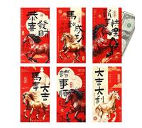 Lot de 6 enveloppes rouges pour le Nouvel An chinois | Enveloppes de trésorerie 2026 de l'année du cheval pour fête, mariage, réunion de famille, festival, vacances, Noël