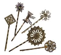 Lot de 6 Épingles à Cheveux "Bobby Pins" Métalliques Vintage Rétro - Accessoires de Couleur Bronze - Fleur Nœud Carré Royal