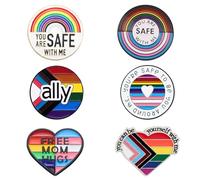 Lot de 6 épingles LGBTQ+ Pride - Badges Progress Pride Ally - Broche arc-en-ciel en émail - Accessoires LGBT Gay Lesbiennes Trans - You're Safe with Me, Can Be Yourself, Free Mom Hugs
