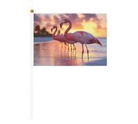 Lot de 6 et 10 mini drapeaux en forme de flamant rose sous le soleil couchant, durables de 14 x 21 cm sur bâtons pour l'extérieur, la cour et le jardin