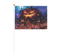 Lot de 6 et 12 mini drapeaux de fête d'Halloween en forme de citrouille sur bâtons - Durable - 14 x 21 cm - Pour cour, jardin et décoration extérieure
