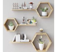 Lot de 6 étagères flottantes hexagonales en bois de pin pour photos, plantes, étagères rustiques en nid d'abeille pour salon, chambre, salle de bain, bureau, décoration de couleur claire