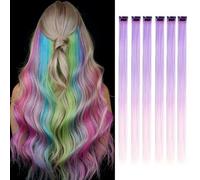 Lot de 6 extensions de cheveux à clipser, mèches colorées pour fête, 55 cm, cheveux synthétiques lisses multicolores