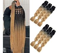 Lot de 6 extensions de cheveux synthétiques Kanekalon Jumbo - Dégradé de couleur - 61 cm- Tresses afro, box braids, à crocheter et à tresser (Noir - Marron clair)