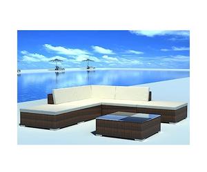 Lot de 6 fauteuils de jardin en rotin marron avec canapé d'angle, 2 canapés centraux, 2 poufs et table basse, 5 coussins d'assise et 4 dossiers modulaires sur cadre en métal