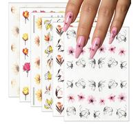 Lot de 6 feuilles d'autocollants pour ongles - Fleurs 3D, feuille d'érable et divers motifs - Imperméable et facile à coller - Accessoires de design d'ongles pour femmes