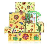 Lot de 6 feuilles de papier cadeau mexicain, cactus, piment, schombreo, guitare mexicaine, 50 x 70 cm par feuille, plié à plat avec ruban, pour Cinco de Mayo, carnaval, anniversaire