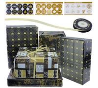 Lot de 6 feuilles de papier cadeau noir et doré avec 1 rouleau de ruban, papier cadeau d'anniversaire avec 3 feuilles d'autocollants, Noël pour la fête des enfants - 70 x 50 cm
