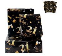 Lot de 6 feuilles de papier cadeau pour 21e anniversaire, 70 x 50 cm, noir et doré, papier cadeau d'anniversaire pour garçons et filles, recyclable, 21e anniversaire
