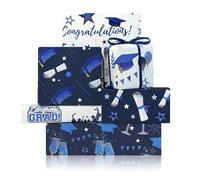 Lot de 6 feuilles de papier cadeau pour remise de diplôme 2025 - Bleu et blanc - 50 x 70 cm par feuille - Avec 1 rouleau de ruban bleu pour cérémonie, fête, classe de classe, remise de diplôme
