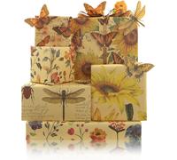 Lot De 6 Feuilles De Papier Cadeau Vintage Rétro Bohème Tournesol Papillon Libellule Scarabée,Avec Ruban De Soie De 22m,50x70cm Emballage Cadeau Pour Mariage Printemps Été Douche Nuptiale