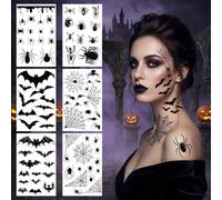 Lot de 6 feuilles de tatouage pour visage d'Halloween - Grande taille - Araignées - Chauve-souris - Tatouage visage araignée - Pour Halloween, mascarade, carnaval, fête