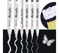 Lot de 6 Feutres Acryliques Blancs Permanent Marqueurs Peinture Imperméables Feutre Art Séchage Rapide (0,5 Mm/0,7/1,2/2,0/4,0/BR Pointe Souple) pour Dessin, Bois, Verre, Tissu, Pierre,Céramique,Roche
