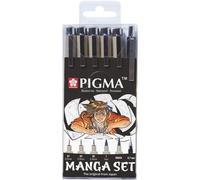 Sakura Pigma - Set Manga, 6 feutres noirs + porte-mine, 3 pointes calibrées, brush pen