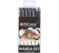 Sakura Pigma - Set Manga, 6 feutres noirs + porte-mine, 3 pointes calibrées, brush pen