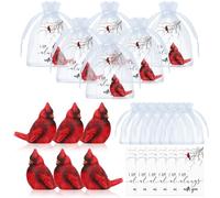 Lot de 6 Figurines cardinales de Noël Comprenant 6 Statues d'oiseaux Rouges, 6 Cartes à Plumes Rouges, 6 Sacs en Organza pour décoration de Noël, Maison, Jardin, condoléances