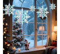 Lot de 6 flocons de neige irisés 3D en papier laser 3D à suspendre pour Noël, hiver, pays des merveilles, vacances, anniversaire, décoration de fête à la maison, holographique (bleu)