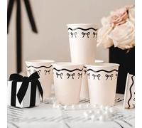 Lot de 6 gobelets en carton crème avec nœuds noirs élégants pour mariages, anniversaires et célébrations