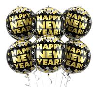Lot de 6 grands ballons ronds en aluminium avec imprimé « Happy New Year » pour décorations de fête de Noël - 55,9 cm - Noir/doré