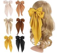 Lot de 6 grands nœuds à cheveux en satin soyeux avec pinces en métal, pinces surdimensionnées pour femme avec longues queues pour un usage quotidien et des événements spéciaux