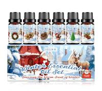 Lot de 6 huiles essentielles pour l'hiver - 10 ml - Huile essentielle d'aromathérapie naturelle pour diffuseur, couronne de Noël, pain d'épices, biscuits au sucre, menthe poivrée, cannelle, chocolat