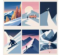 Lot de 6 Illustrations A6 Premium: Affiche Décoration Murale Montagne, Tableau Mural Décoration Maison, Décoration Intérieure, Décoration Salon. Affiche Design Montagne d'une Artiste Made in France