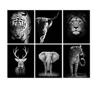 Lot de 6 impressions d'art mural noir et blanc - Vache et éléphant - Décoration murale toile (27,9 x 35,6 cm, sans cadre)
