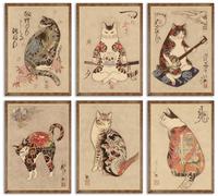 Lot de 6 impressions d'art mural sur toile représentant un chat samouraï japonais - Décoration murale de Kung Fu - Tatouage amusant - Pour salon, chambre à coucher - Œuvre d'art décorée