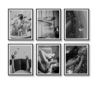 Lot de 6 impressions d'art mural tendance noir et blanc, glamour féministe, rétro, luxueuse, moderne, avec boule de champagne, décoration murale pour salon, chambre à coucher (A, 28 x 35,6 cm, sans