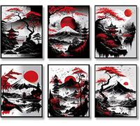 Lot de 6 impressions murales japonaises, affiches de paysage japonais, cerisiers en fleurs rouges et noires, peinture tendance sur toile pour salon, chambre à coucher, décoration murale (20,3 x 25,4