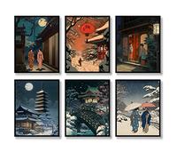 Luodroduo Lot de 6 impressions murales japonaises de paysage japonais - Décoration murale vintage Ukiyoe - Impression sur toile pour salon, chambre à coucher