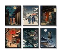 Lot de 6 impressions murales japonaises de paysage japonais - Décoration murale vintage Ukiyoe - Impression sur toile pour salon, chambre à coucher
