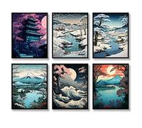 Lot de 6 impressions murales japonaises - Décoration murale vintage - Ukiyoe - Peinture esthétique asiatique rétro - Photo Fuji - Peinture sur toile pour salon, chambre à coucher, décoration murale