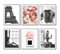 Lot de 6 impressions murales tendance sur toile - Pour femme - Parfum Paris - Rose - Tour Eiffel - Décoration murale - 20,3 x 25,4 cm - Sans cadre