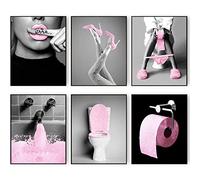 Lot de 6 impressions sur toile à paillettes glamour pour décoration de salle de bain, photos d'art mural noir et blanc, femme amusante pour salle de bain (rose, 27,9 x 35,6 cm, sans cadre)