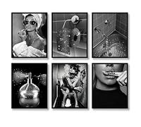 Lot de 6 impressions sur toile à paillettes pour salle de bain - Noir et blanc - 20,3 x 25,4 cm - Sans cadre
