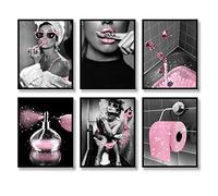 Lot de 6 impressions sur toile à paillettes pour salle de bain - Noir et blanc - Décoration murale moderne et amusante pour salle de bain (rose, 20,3 x 25,4 cm, sans cadre)