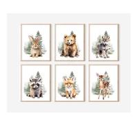 Lot de 6 impressions sur toile de peintures à l'aquarelle pour chambre de bébé garçon - Impressions sur toile à l'aquarelle, ours, cerf, renard - Œuvre d'art pour chambre de bébé garçon - 30,5 x 40,6