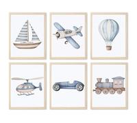 Lot de 6 impressions sur toile de peintures à l'aquarelle pour voiture de chambre d'enfant, train, avion, bateau, montgolfière, bleu, 20,3 x 25,4 cm, sans cadre