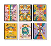 Lot de 6 impressions sur toile de style hippie - Décoration murale rétro des années 60 et 70 - Affiches abstraites minimalistes inspirantes - Visage heureux - Photos de bonne journée - Photos de jour