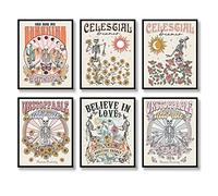 Lot de 6 impressions sur toile de style hippie - Impressions sur toile de fleurs des années 60 et 70 - Affiches abstraites minimalistes inspirantes - Photos « Happy Face », images positives pour